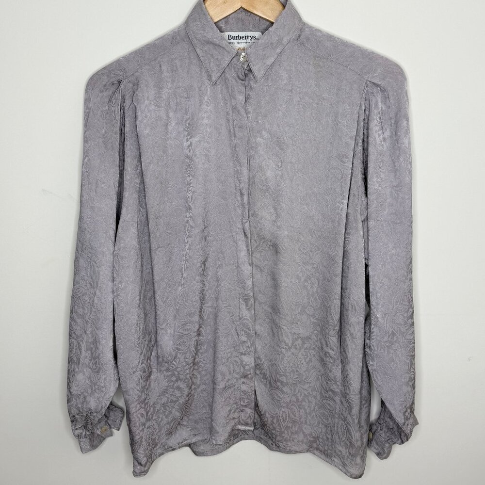 🤍 Vintage Burberrys Silk Floral Blouse Semi Sheer Silver Gray Size UK 8 (US 4)